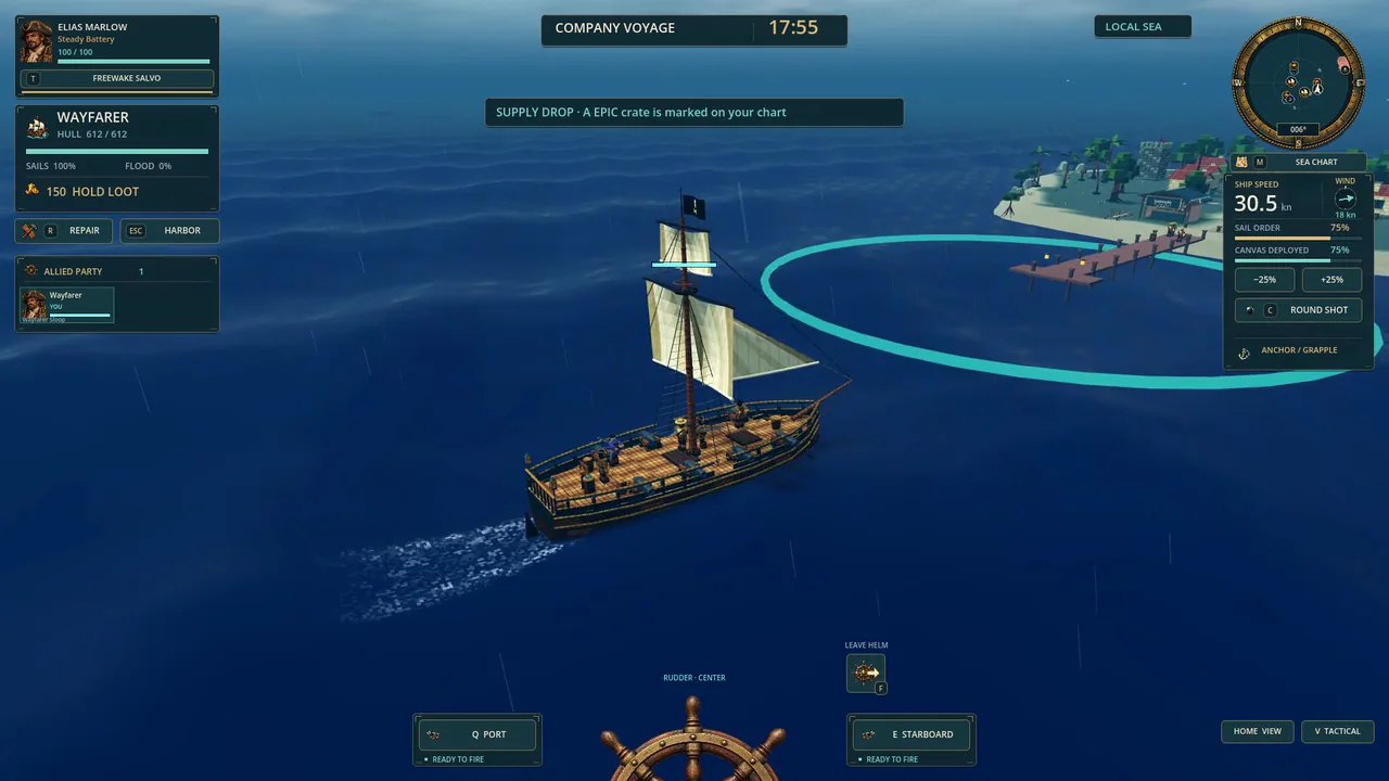 A captain's ship sailing across the turquoise Caribbean sea in Corsair Tides